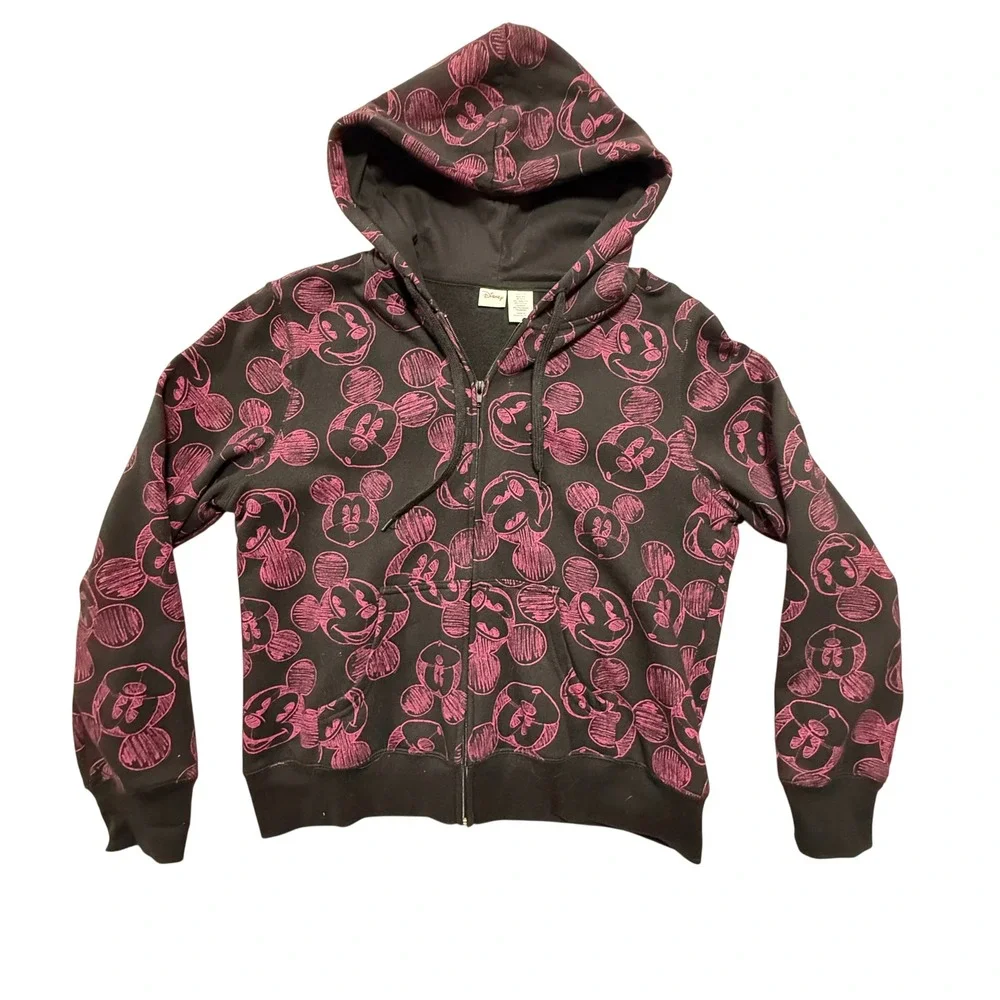 Disney‎ Mickey Mouse Pink Black Print Hooded Zip Up Sweatshirt Youth XL